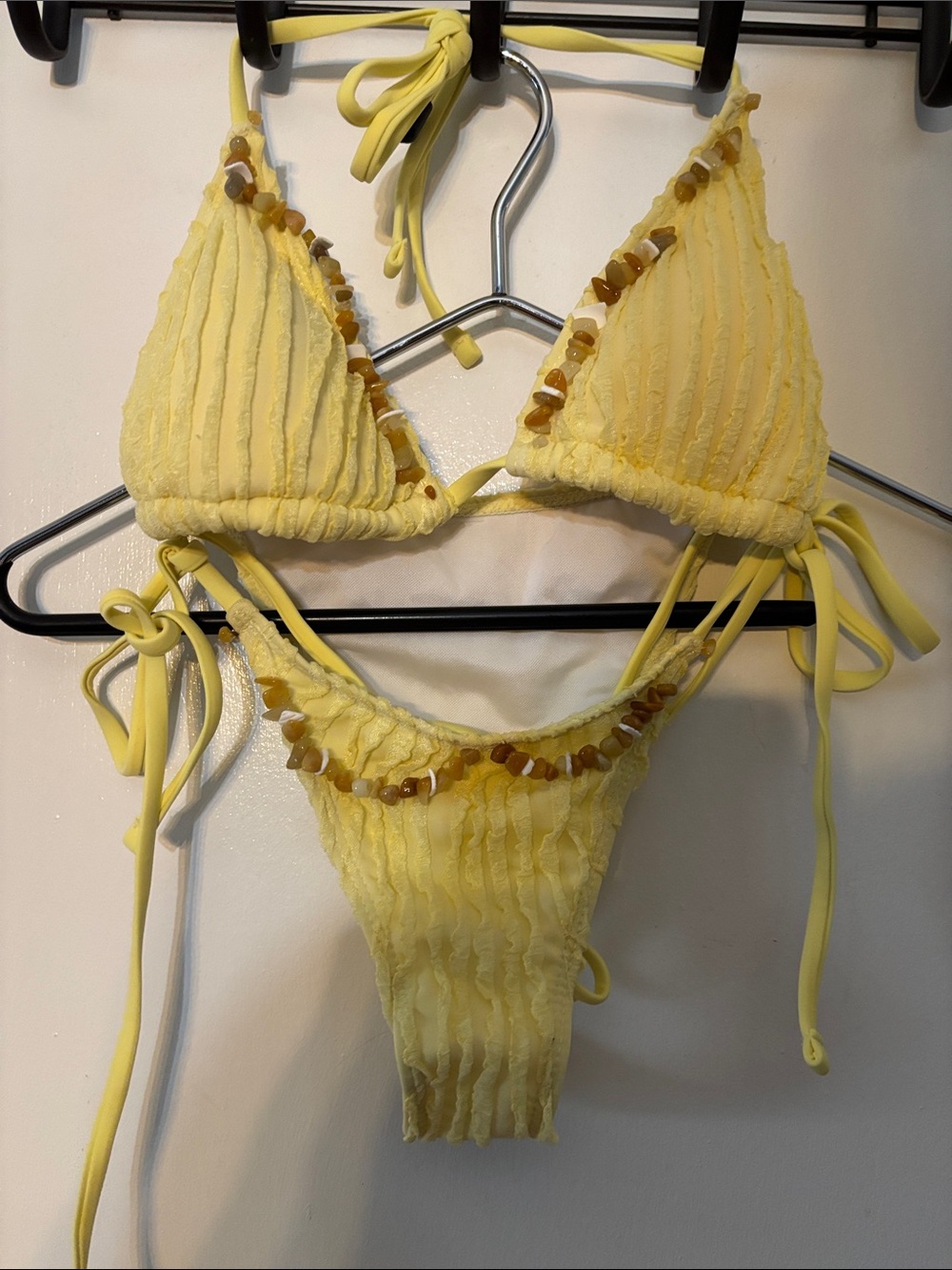 Nica Yellow Ruffled Triangle Bikini with Bead Trim